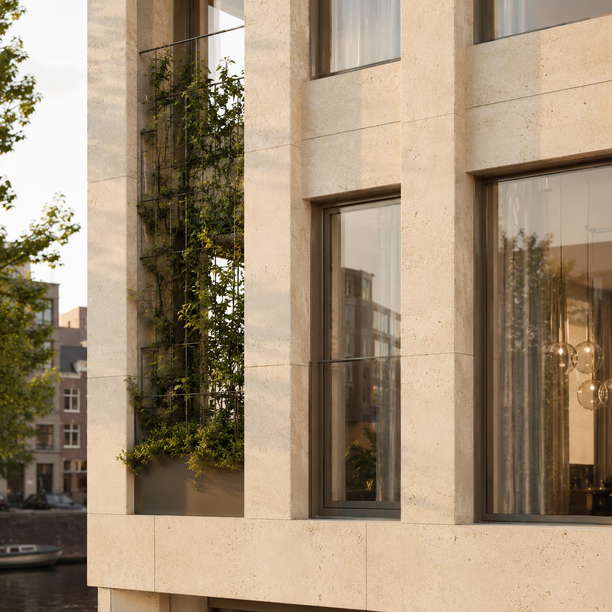 Close-up of the travertine façade with planted reveal and timber-framed windows