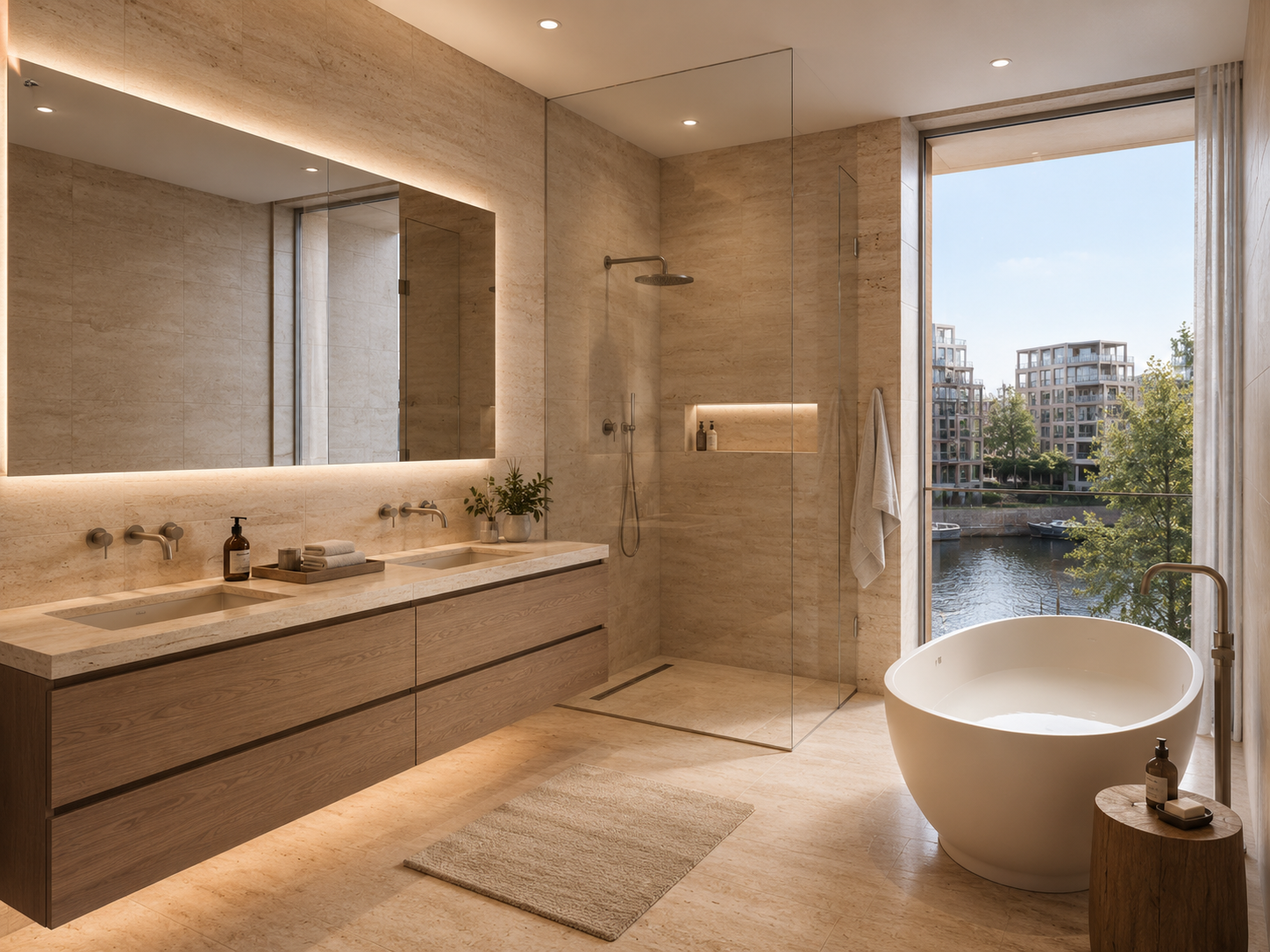 Stone surfaces with soft, indirect light.