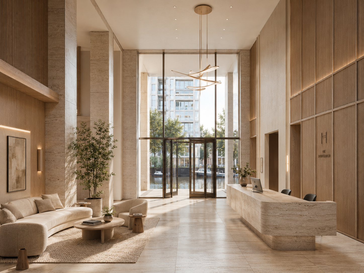 Double-height arrival, travertine and oak.