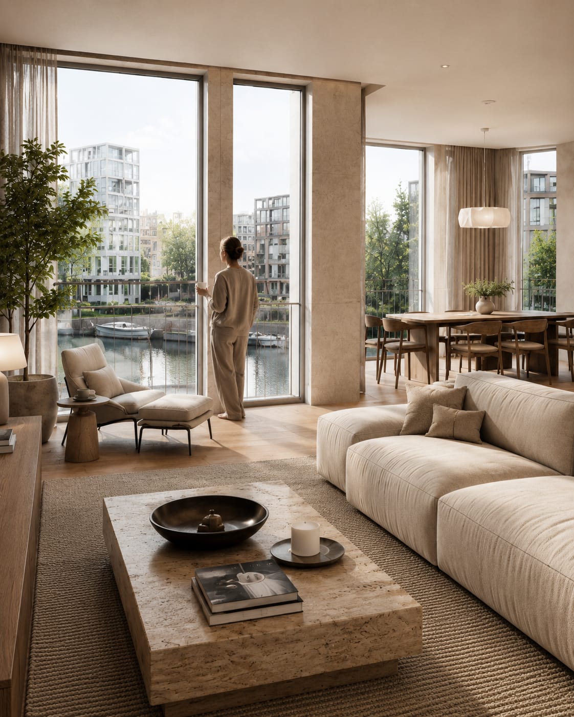 Resident at a floor-to-ceiling window overlooking the canal, travertine and oak interior