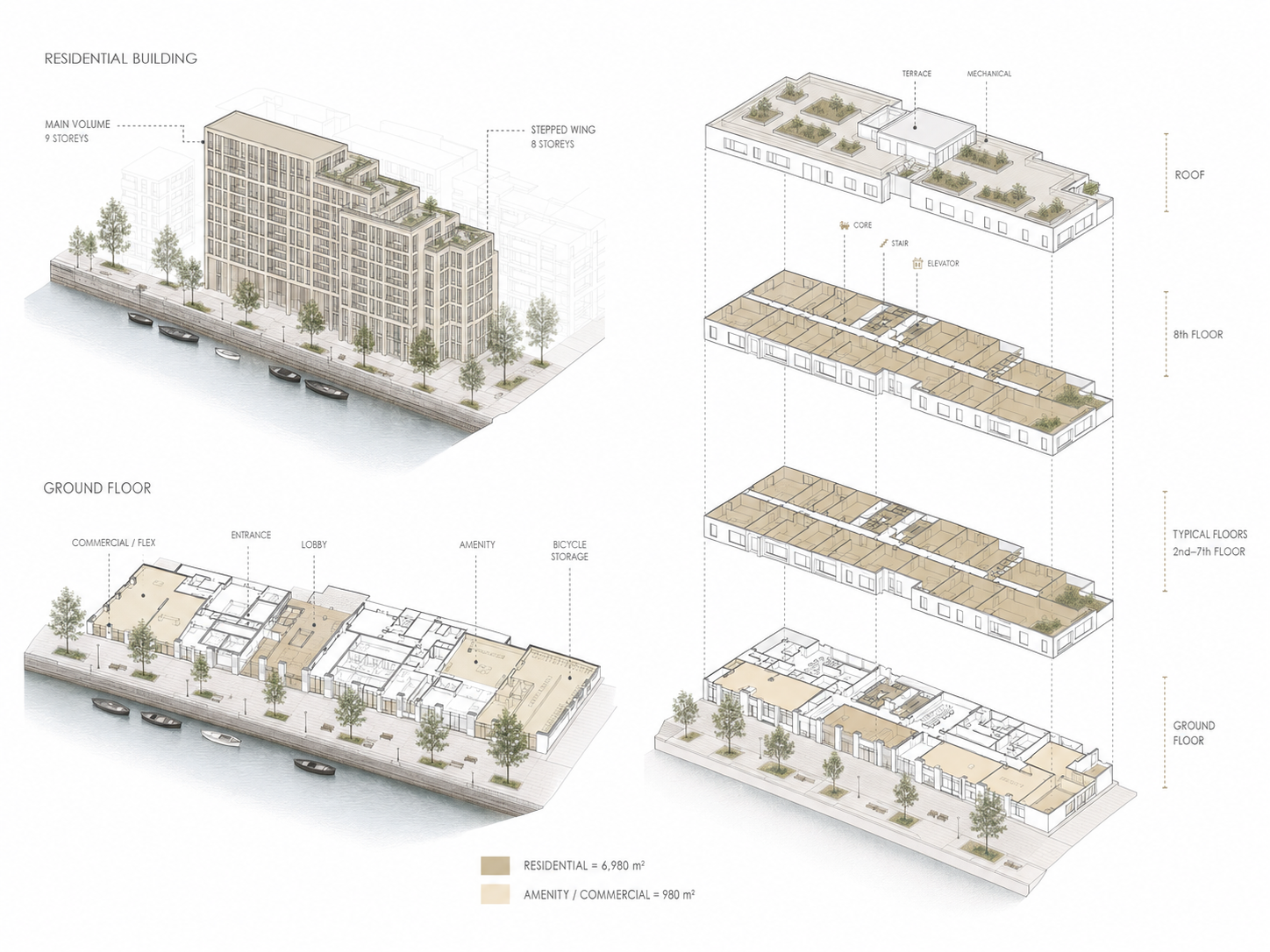 Axonometric diagrams of a residential building, ground floor, and stacked floor plates