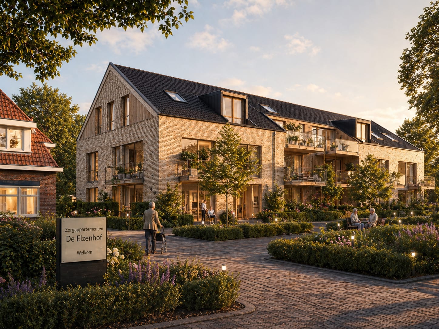Care apartments arranged around brick, oak, garden and daily rhythm.