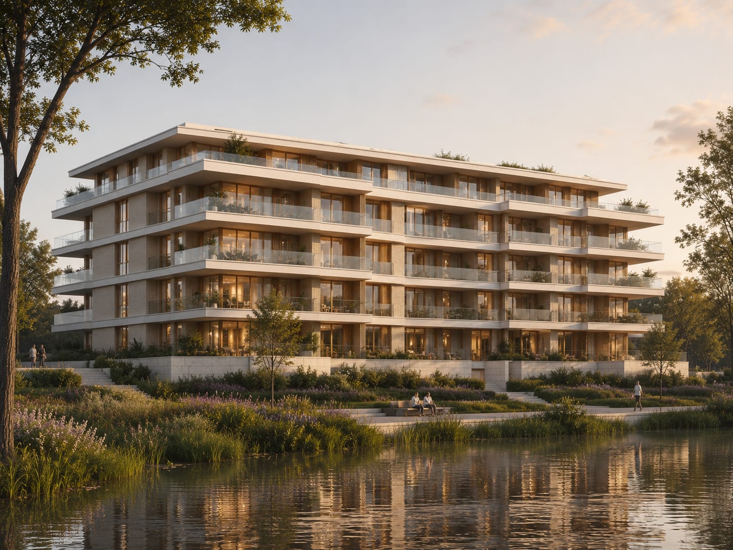Terraced living by the water, connected to planting, horizon and light.