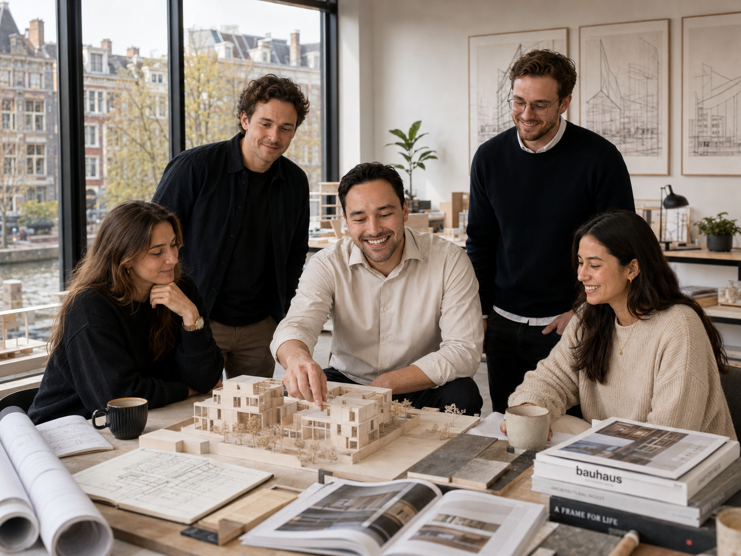 The Apollo Projects team gathered around a physical model in the Amsterdam studio
