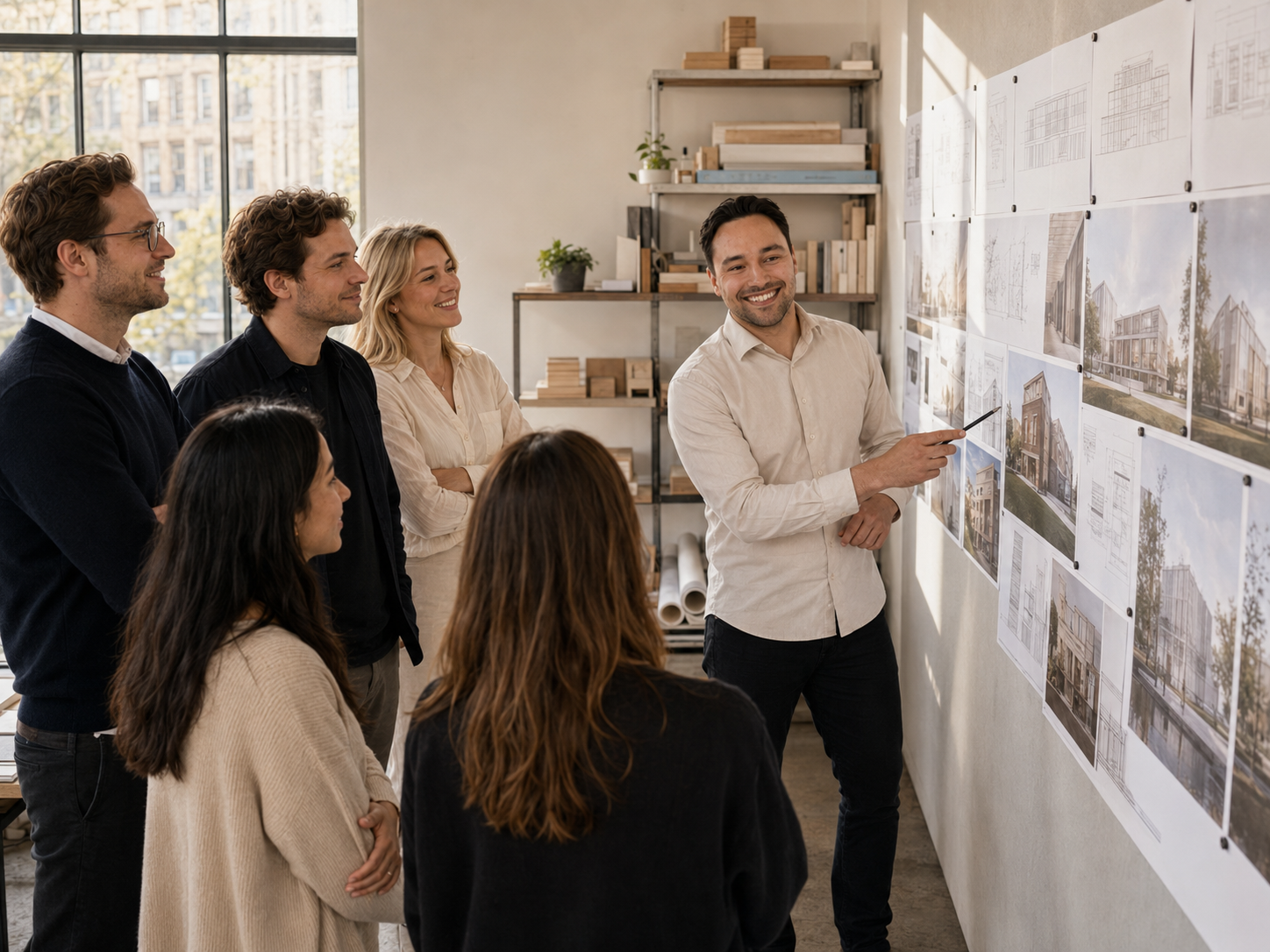 Team reviewing pinned drawings and renders on the studio wall