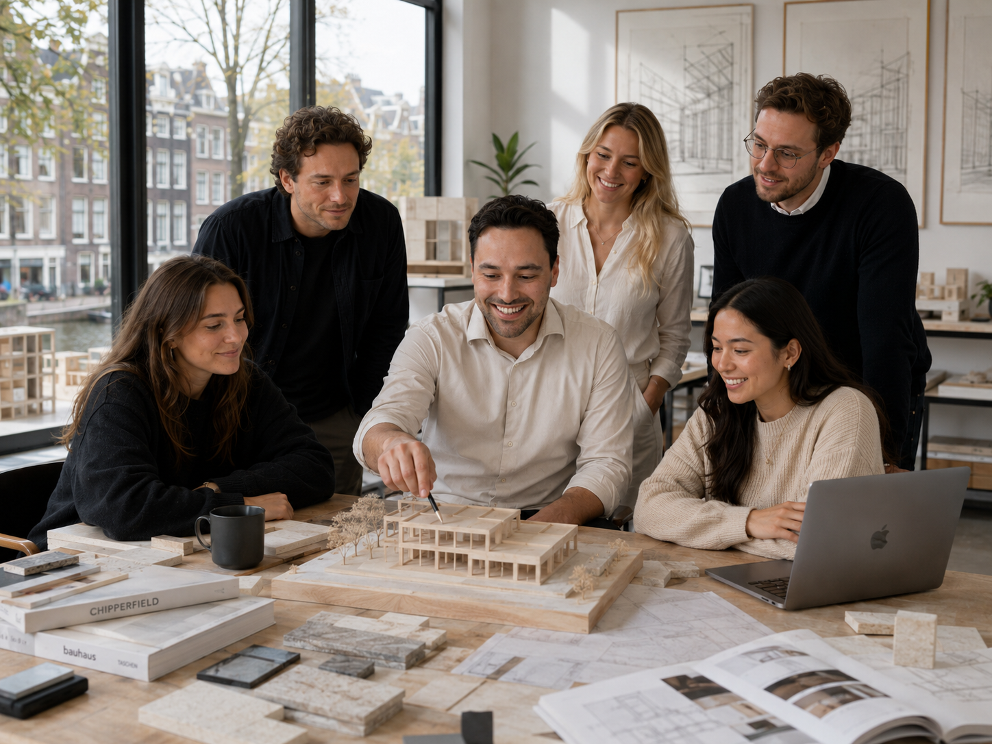 Team around the studio table with material samples and a wooden massing model